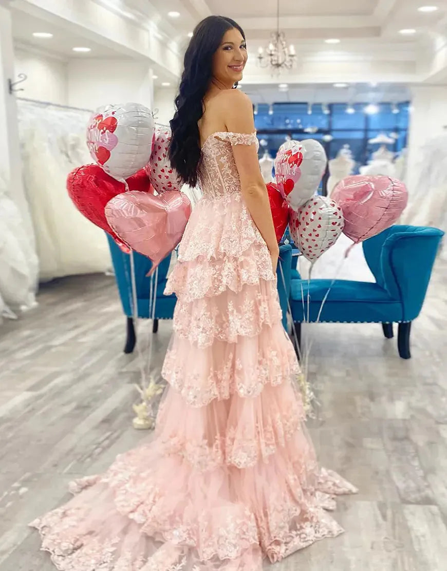 Wholesale Charming A-Line Sweep Train Long Tiered Prom Dress With Split long prom dresses with sleeves